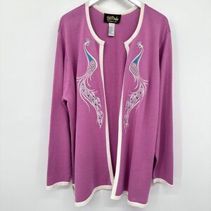 Bob Mackie Wearable Art Cardigan Sweater Size 2X Purple Stretch Knit‎ Peacock